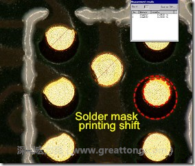 電路板BGA下面的防焊層印刷偏移，造成焊墊大小不一致。