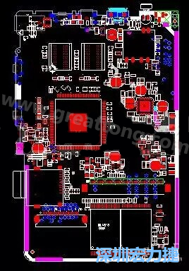 上圖是一個開發板的PCB，從布局中可以看出各個接口電路分離很明確，SDRAM和DDR以及SD卡接口電路等走線不會造成相互的干擾。-深圳宏力捷