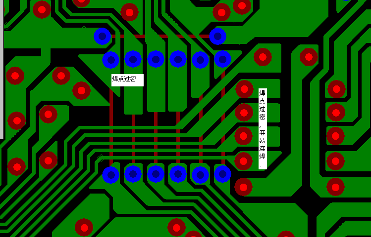 PCB設計焊點過密，易造成波峰連焊，焊點間漏電