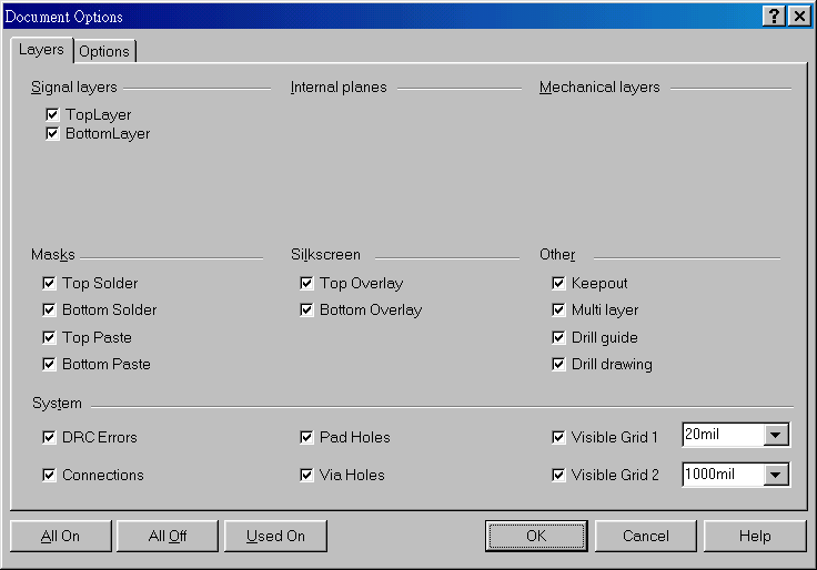 在主功能列，Design >> Option，打開Document Option設置環境