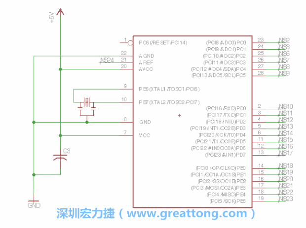 3.3.    將共鳴器（resonator）放置在針腳9和針腳10附近，將它的三個針腳連接如圖所示，并確認最中間的針腳有連到接地端。