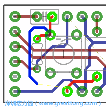 要在電路板正面進行+5V信號線連結和其他連結點的布線工作是非常容易的，而重置信號線（信號線用來連結電路板正面左邊的重置開關）需要經過一個可以通過電路板正反兩面的電路通道，這個通道是一個可以讓電路板正反兩面線路連接的一個小孔。